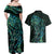 New Zealand Eel Couples Matching Off Shoulder Maxi Dress and Hawaiian Shirt Tuna Aotearoa Maori With Paua Shell - Turquoise