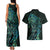 New Zealand Eel Couples Matching Tank Maxi Dress and Hawaiian Shirt Tuna Aotearoa Maori With Paua Shell - Turquoise