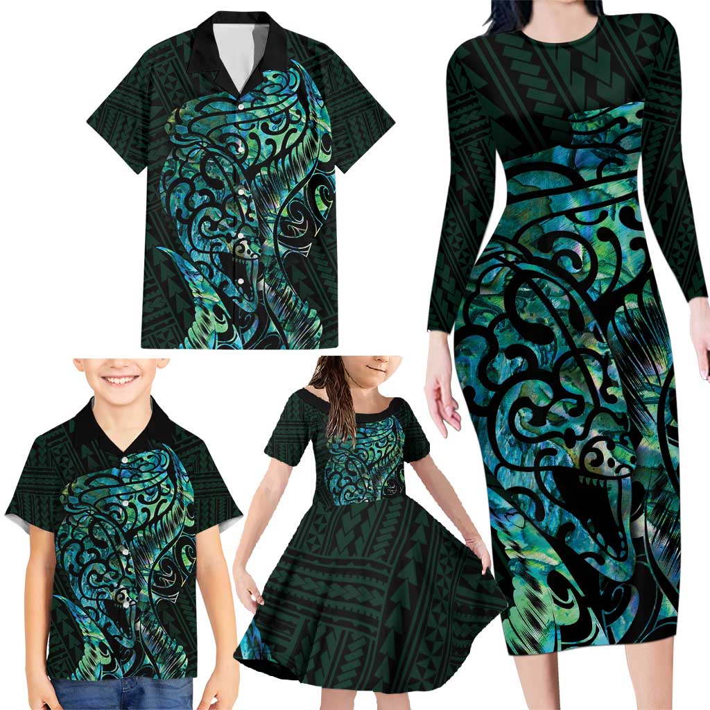 New Zealand Eel Family Matching Long Sleeve Bodycon Dress and Hawaiian Shirt Tuna Aotearoa Maori With Paua Shell - Turquoise