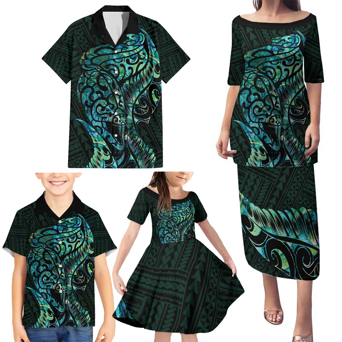 New Zealand Eel Family Matching Puletasi and Hawaiian Shirt Tuna Aotearoa Maori With Paua Shell - Turquoise