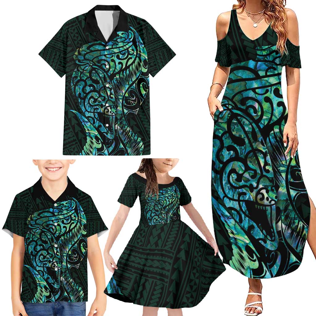 New Zealand Eel Family Matching Summer Maxi Dress and Hawaiian Shirt Tuna Aotearoa Maori With Paua Shell - Turquoise