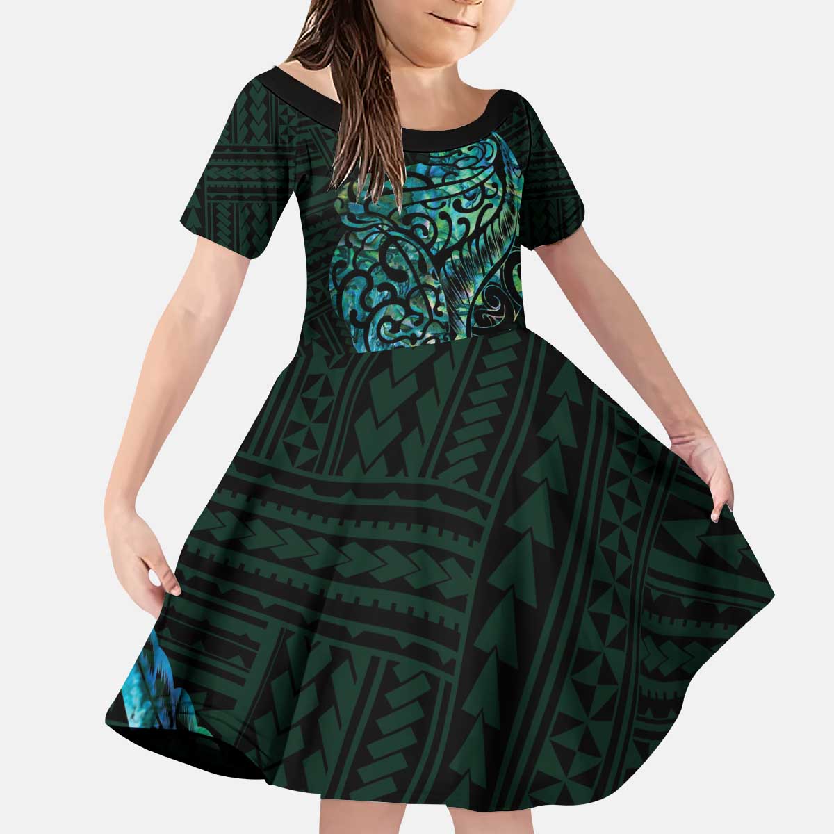 New Zealand Eel Kid Short Sleeve Dress Tuna Aotearoa Maori With Paua Shell - Turquoise