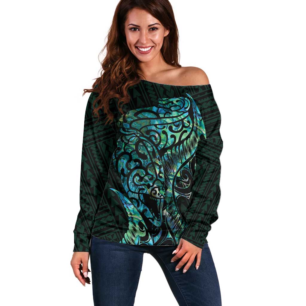 New Zealand Eel Off Shoulder Sweater Tuna Aotearoa Maori With Paua Shell - Turquoise LT14 Women Turquoise - Polynesian Pride