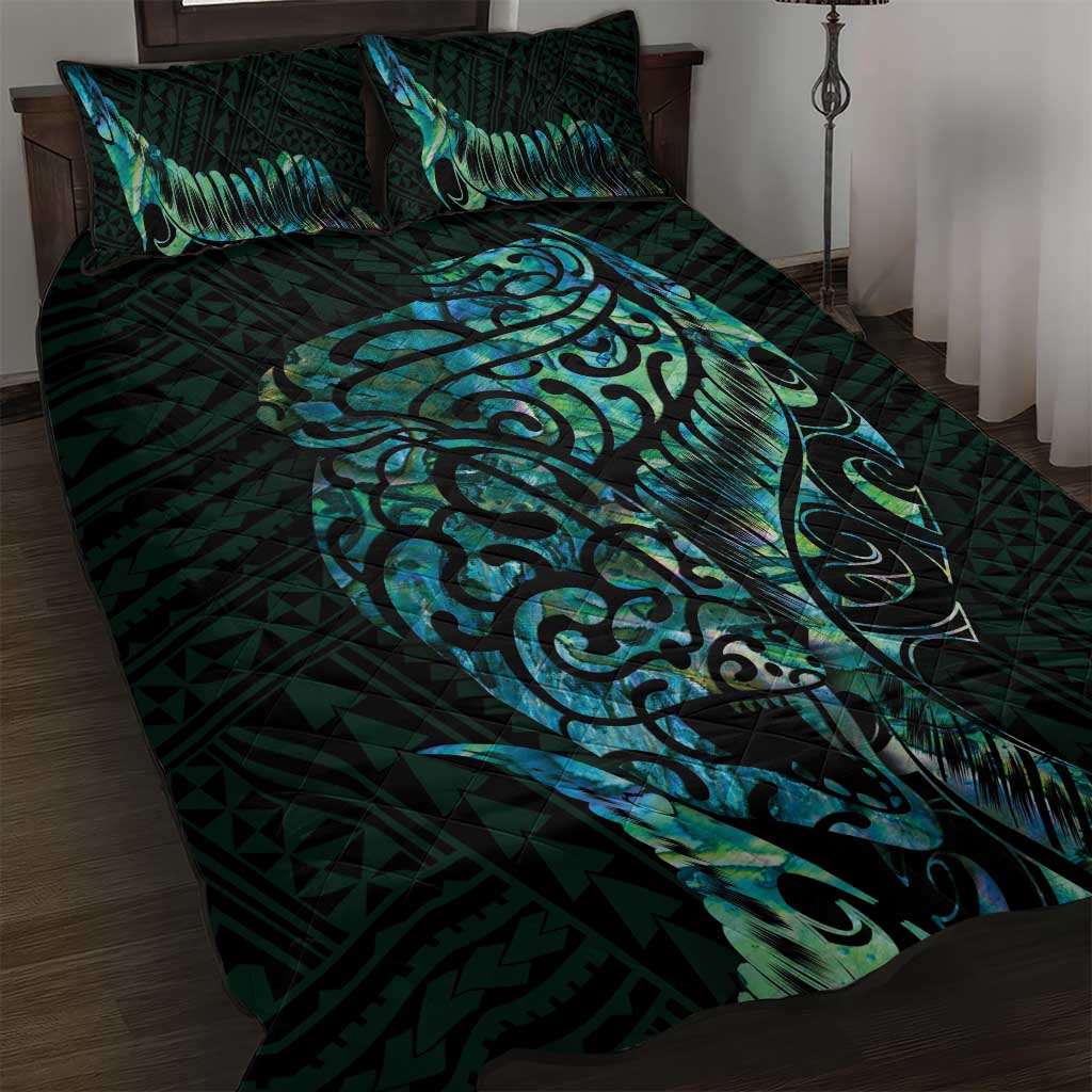 New Zealand Eel Quilt Bed Set Tuna Aotearoa Maori With Paua Shell - Turquoise