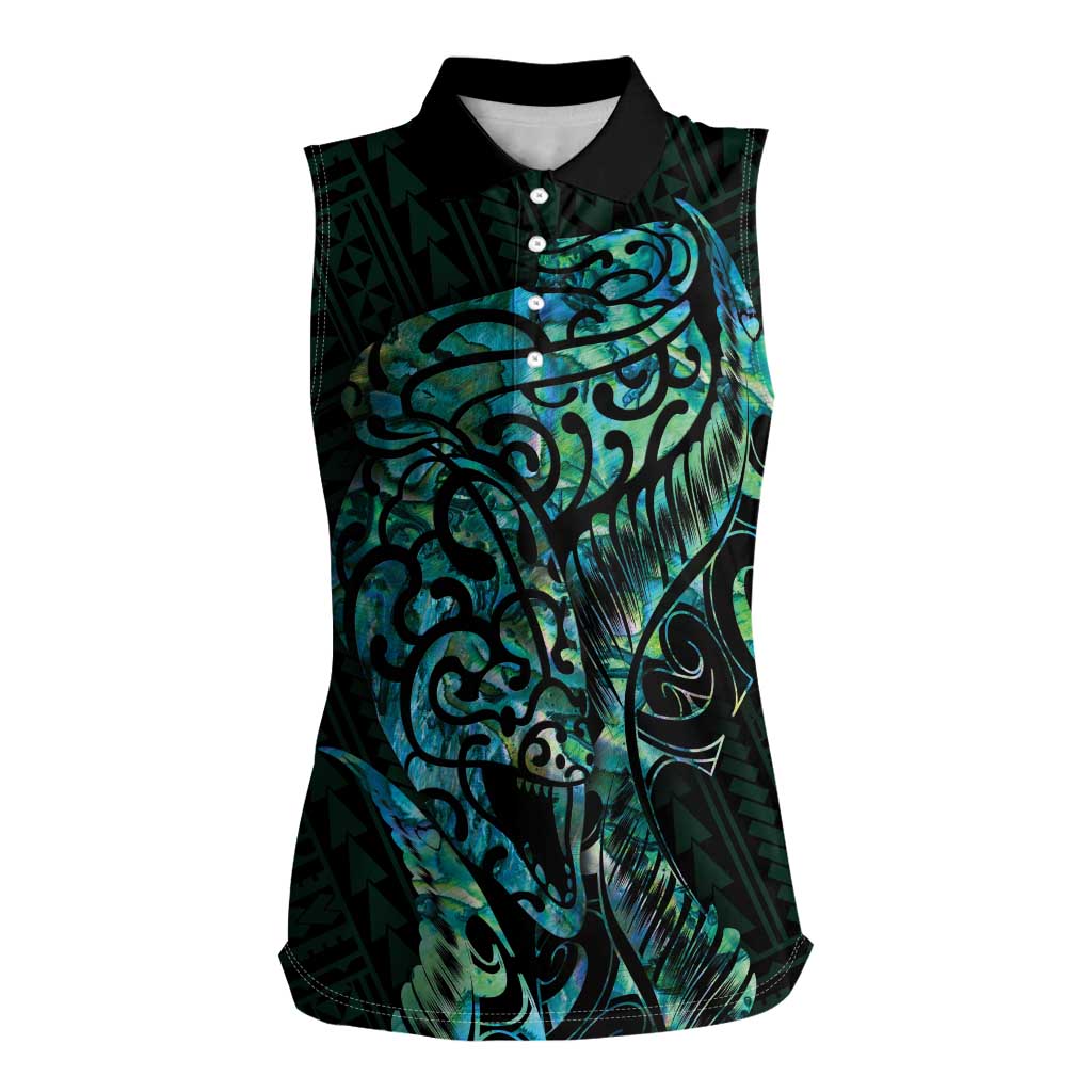 New Zealand Eel Women Sleeveless Polo Shirt Tuna Aotearoa Maori With Paua Shell - Turquoise