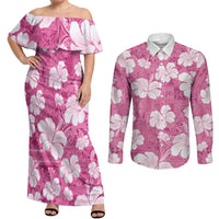 Pink Bula Fiji Masi Hibiscus Seamless Couples Matching Off Shoulder Maxi Dress and Long Sleeve Button Shirt LT14 Pink - Polynesian Pride