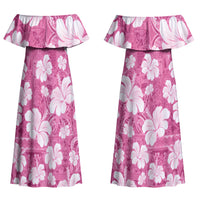 Pink Bula Fiji Masi Hibiscus Seamless Couples Matching Off Shoulder Maxi Dress and Long Sleeve Button Shirt LT14 - Polynesian Pride