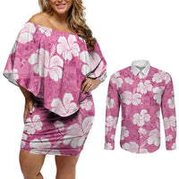 Pink Bula Fiji Masi Hibiscus Seamless Couples Matching Off Shoulder Short Dress and Long Sleeve Button Shirt LT14 Pink - Polynesian Pride