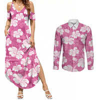 Pink Bula Fiji Masi Hibiscus Seamless Couples Matching Summer Maxi Dress and Long Sleeve Button Shirt LT14 Pink - Polynesian Pride