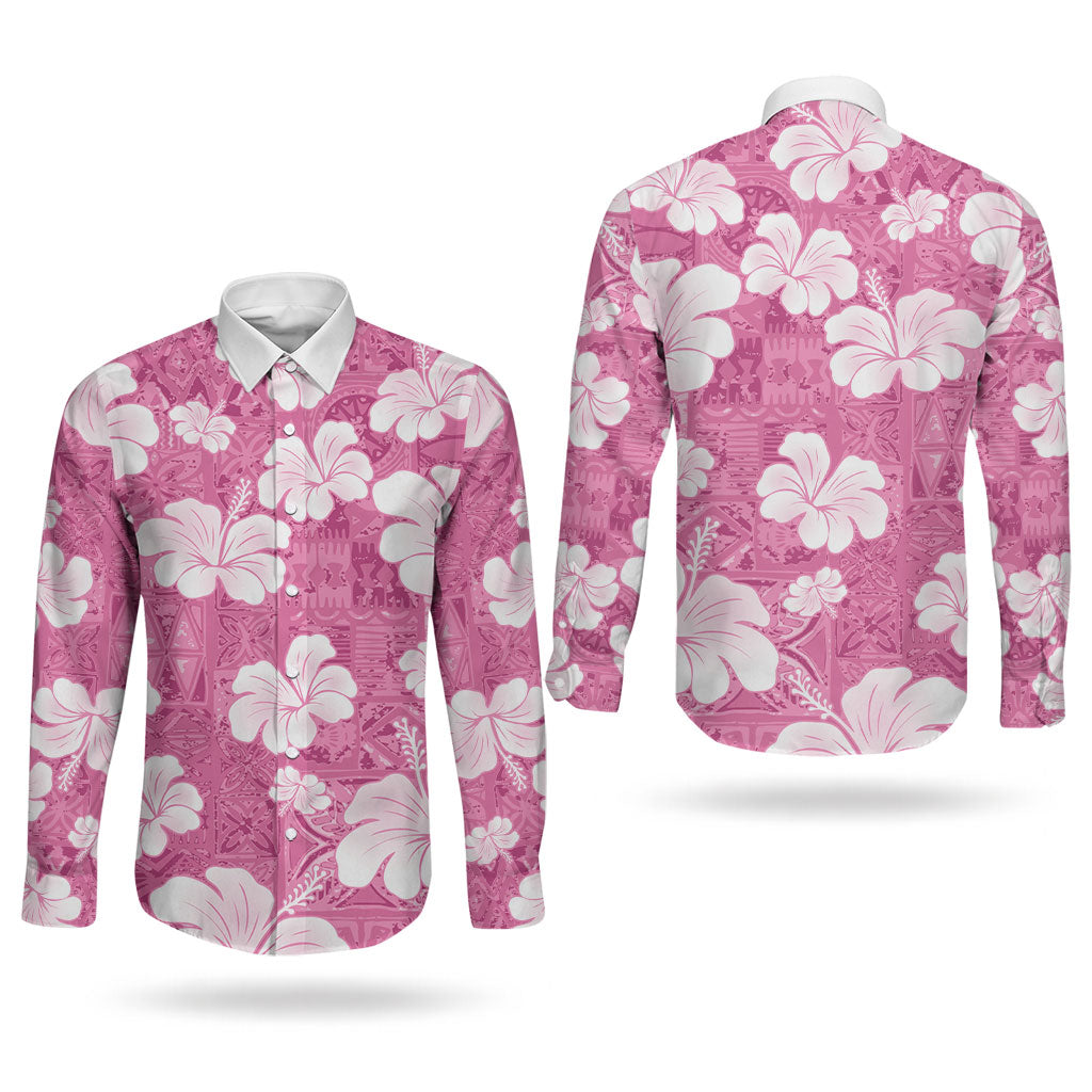 Pink Bula Fiji Masi Hibiscus Seamless Couples Matching Summer Maxi Dress and Long Sleeve Button Shirt LT14 - Polynesian Pride