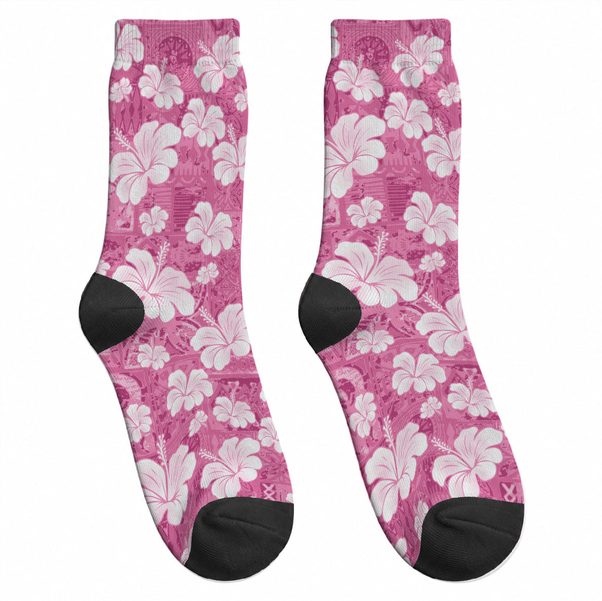 Pink Bula Fiji Masi Hibiscus Seamless Crew Socks LT14 - Polynesian Pride