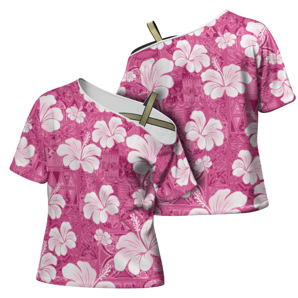 Pink Bula Fiji Masi Hibiscus Seamless Cross Shoulder Shirt