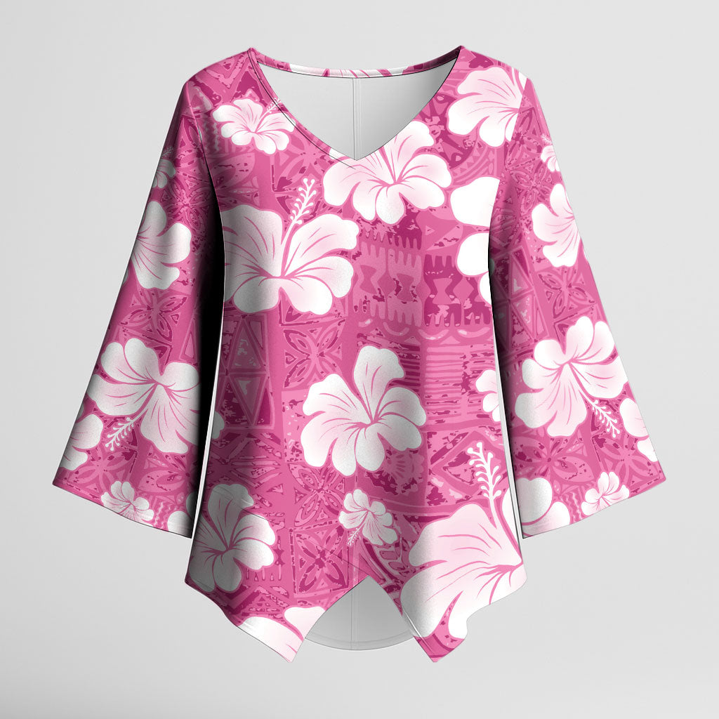 Pink Bula Fiji Masi Hibiscus Seamless Kimono Sleeve Blouse