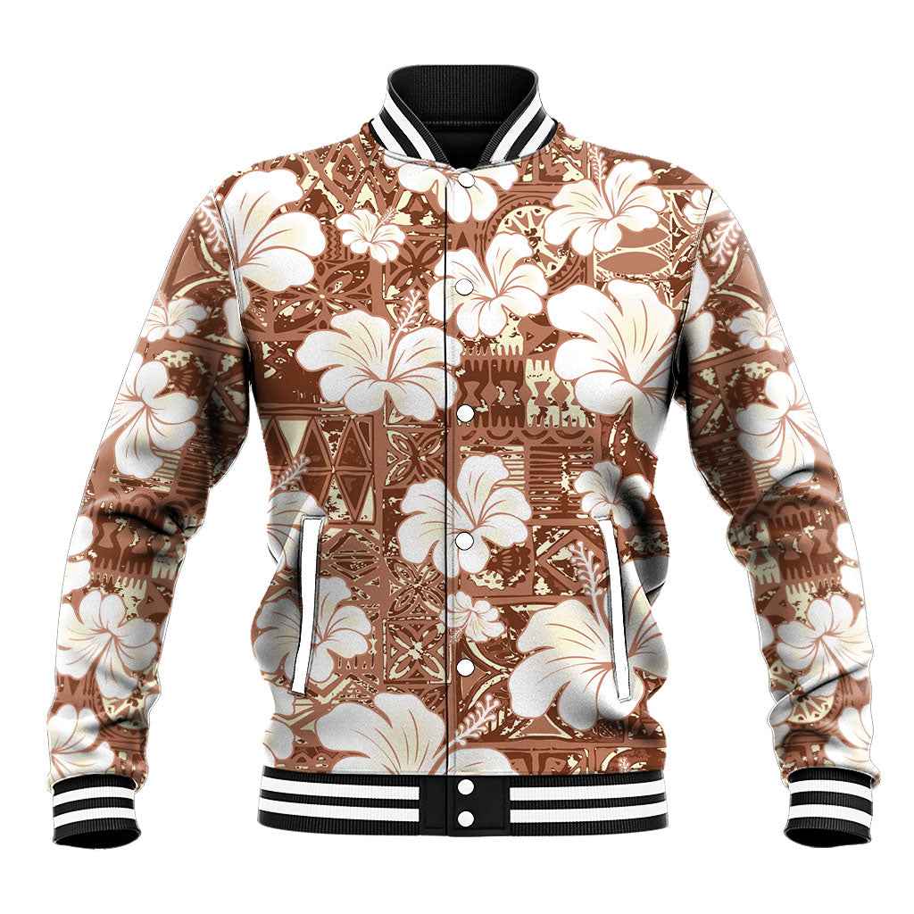 Brown Bula Fiji Masi Hibiscus Seamless Baseball Jacket LT14 Unisex Brown - Polynesian Pride