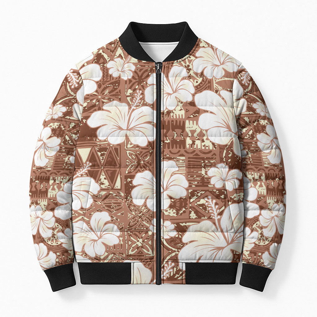 Brown Bula Fiji Masi Hibiscus Seamless Bomber Puffer Jacket LT14 Unisex Brown - Polynesian Pride