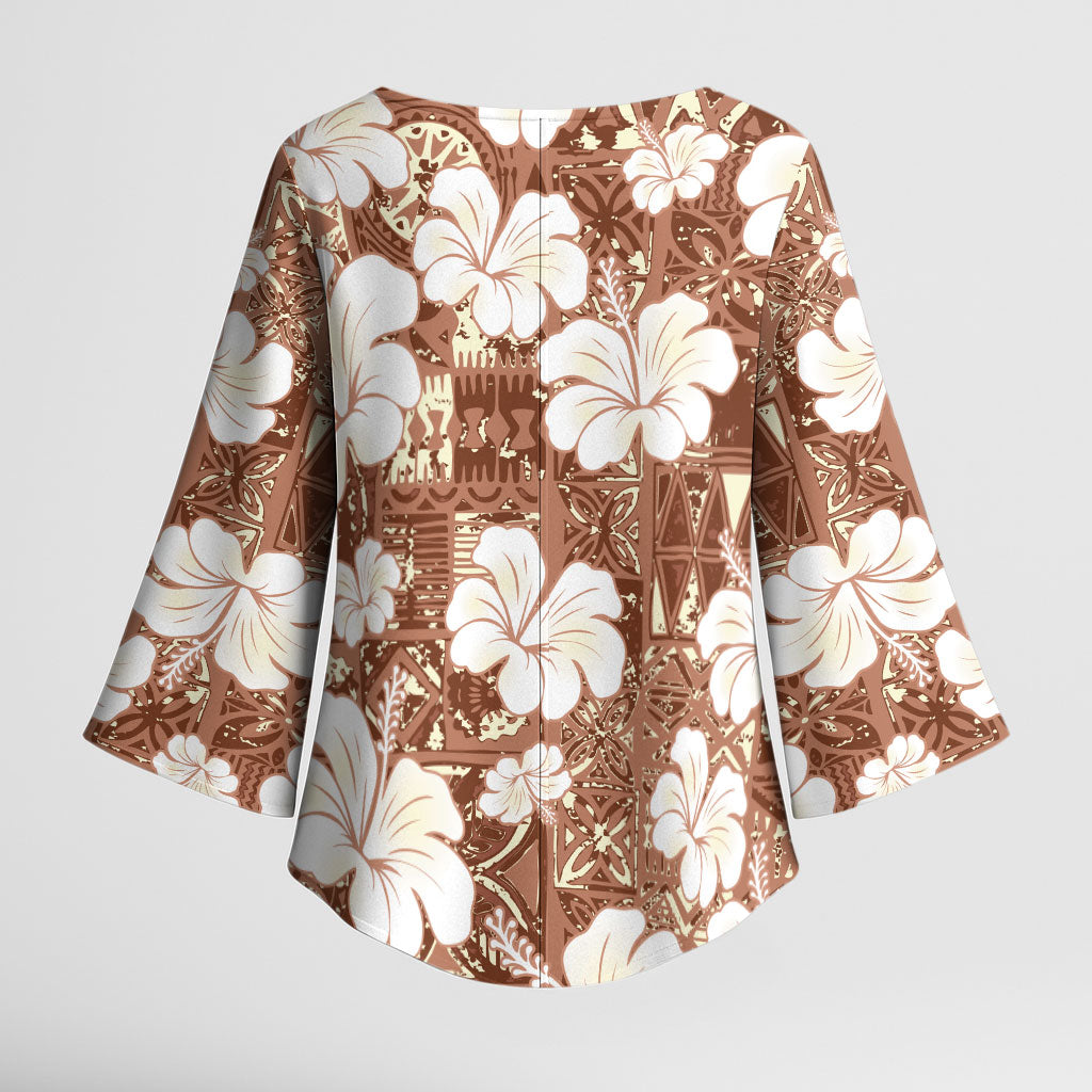 Brown Bula Fiji Masi Hibiscus Seamless Kimono Sleeve Blouse