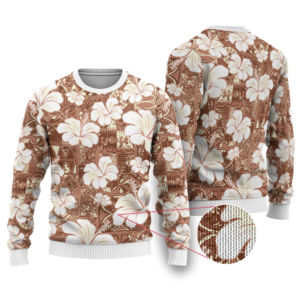Brown Bula Fiji Masi Hibiscus Seamless Ugly Christmas Sweater