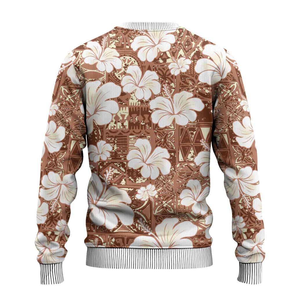 Brown Bula Fiji Masi Hibiscus Seamless Ugly Christmas Sweater