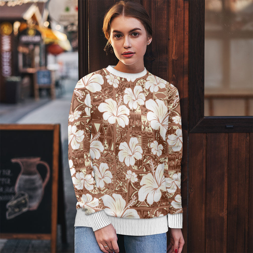 Brown Bula Fiji Masi Hibiscus Seamless Ugly Christmas Sweater