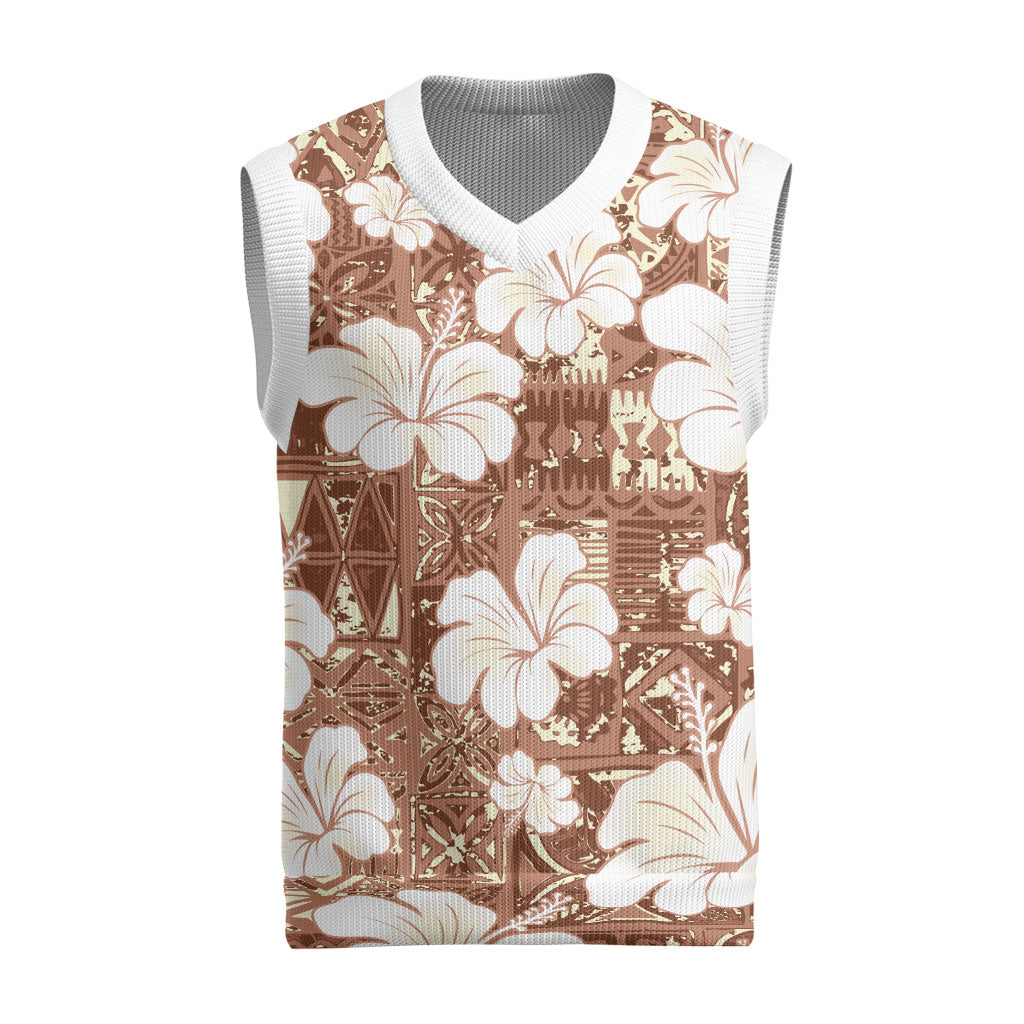 Brown Bula Fiji Masi Hibiscus Seamless Christmas Knitted V-Neck Vest LT14 Brown - Polynesian Pride