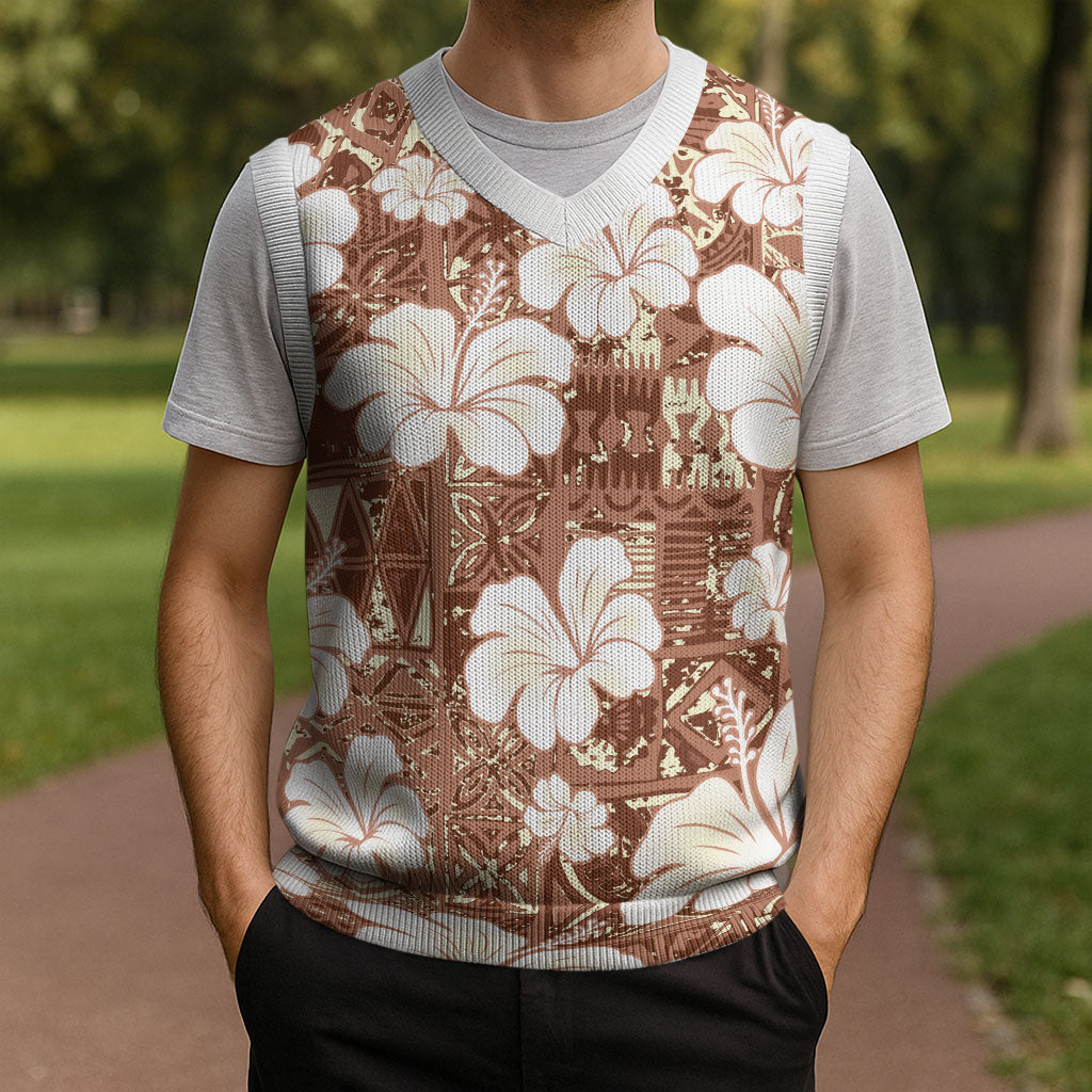 Brown Bula Fiji Masi Hibiscus Seamless Christmas Knitted V-Neck Vest LT14 - Polynesian Pride