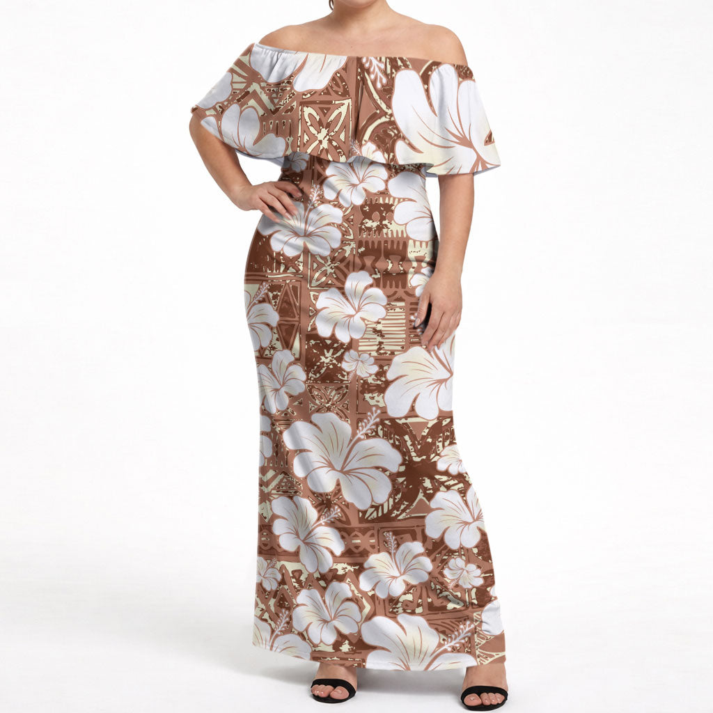 Brown Bula Fiji Masi Hibiscus Seamless Off Shoulder Maxi Dress LT14 Women Brown - Polynesian Pride