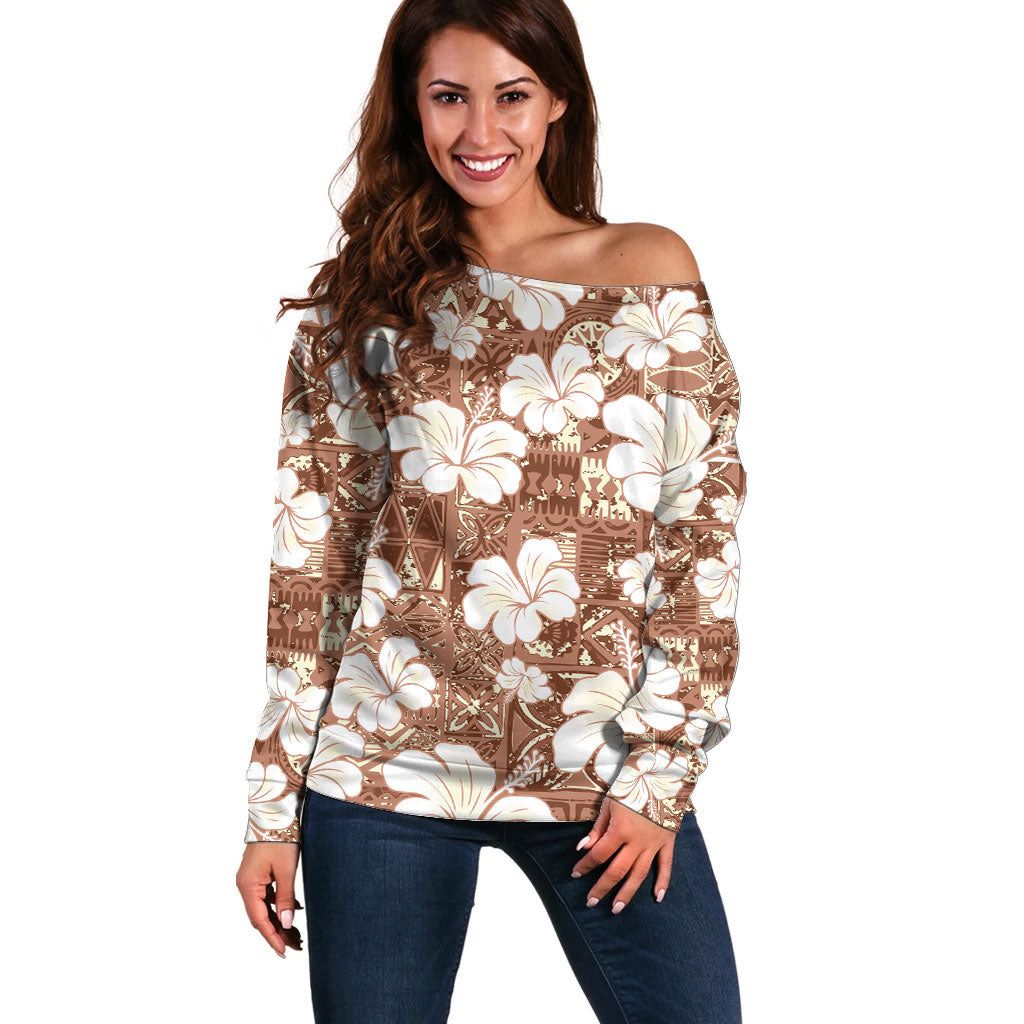 Brown Bula Fiji Masi Hibiscus Seamless Off Shoulder Sweater