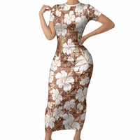 Brown Bula Fiji Masi Hibiscus Seamless Short Sleeve Bodycon Dress LT14 Long Dress Brown - Polynesian Pride