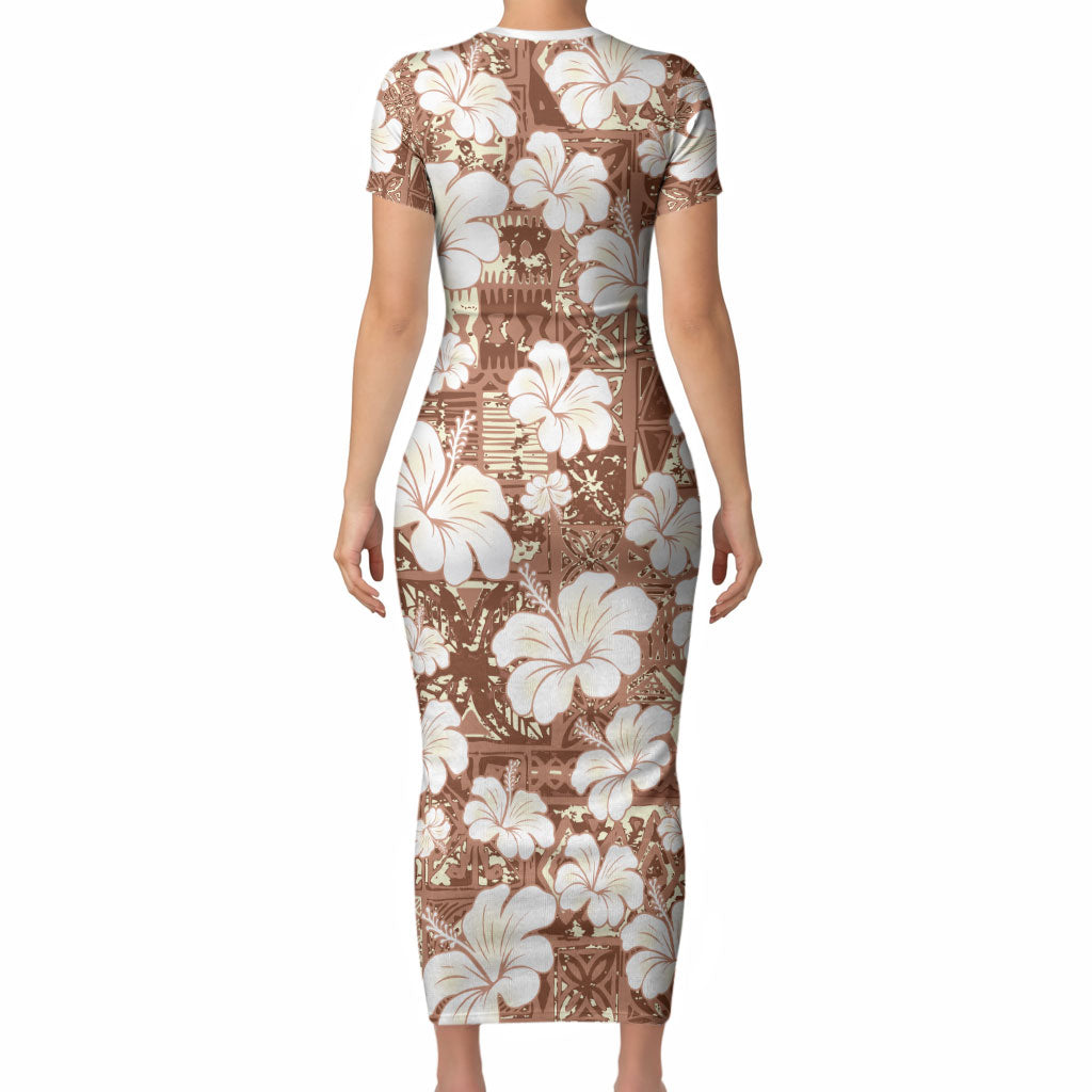 Brown Bula Fiji Masi Hibiscus Seamless Short Sleeve Bodycon Dress LT14 - Polynesian Pride