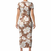 Brown Bula Fiji Masi Hibiscus Seamless Short Sleeve Bodycon Dress LT14 - Polynesian Pride