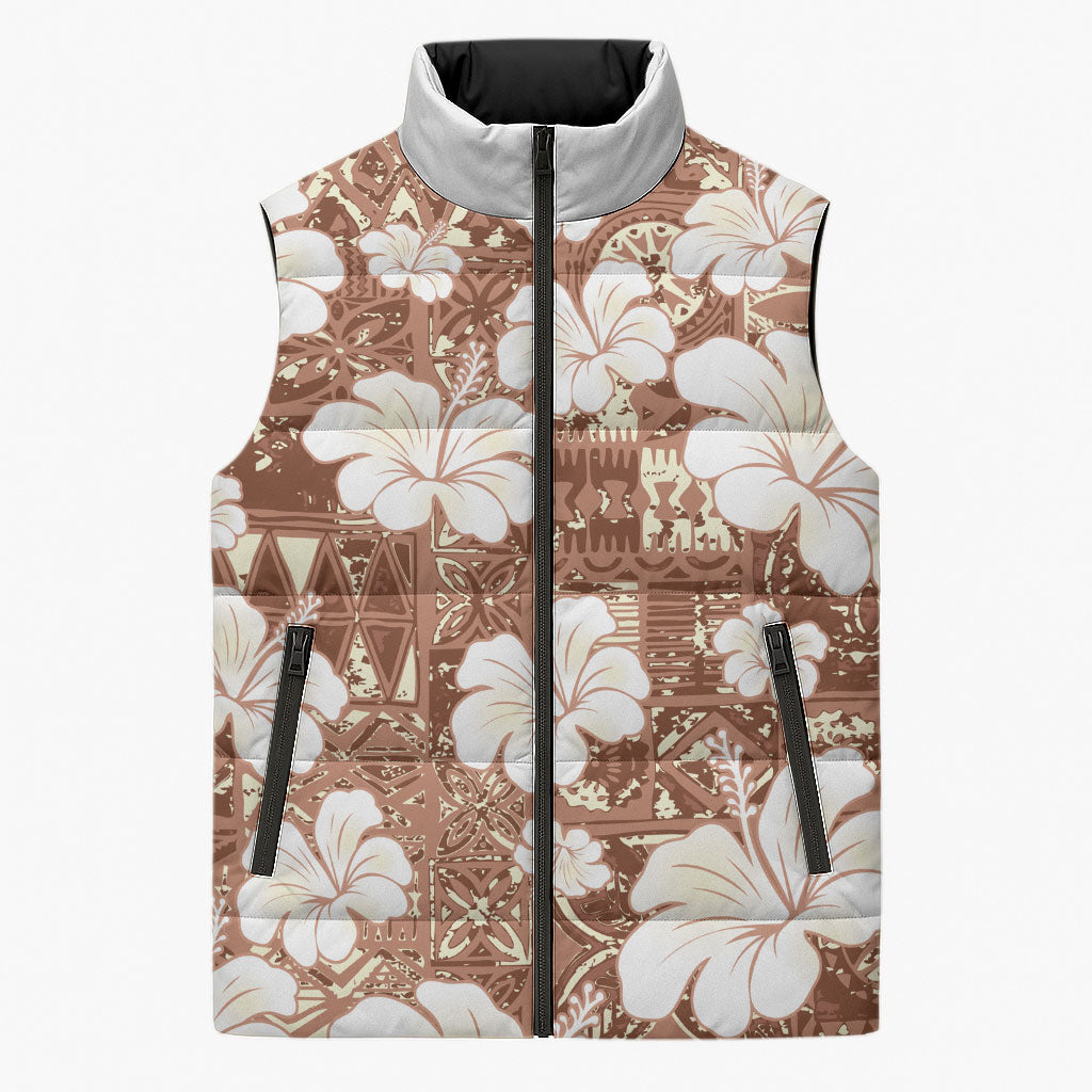 Brown Bula Fiji Masi Hibiscus Seamless Sleeveless Puffer Jacket