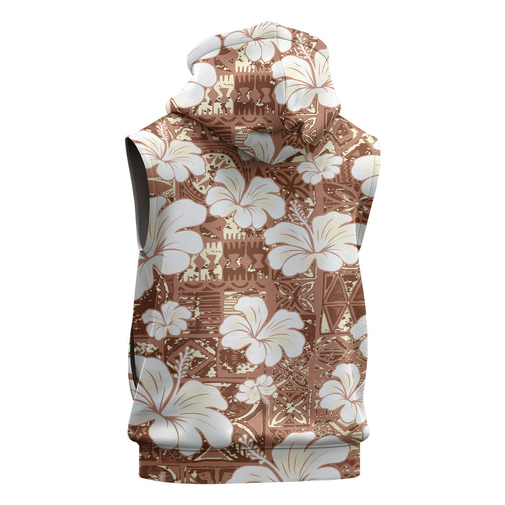 Brown Bula Fiji Masi Hibiscus Seamless Sleeveless Zip Hoodie