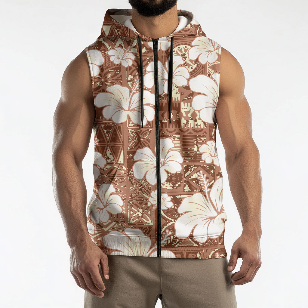 Brown Bula Fiji Masi Hibiscus Seamless Sleeveless Zip Hoodie