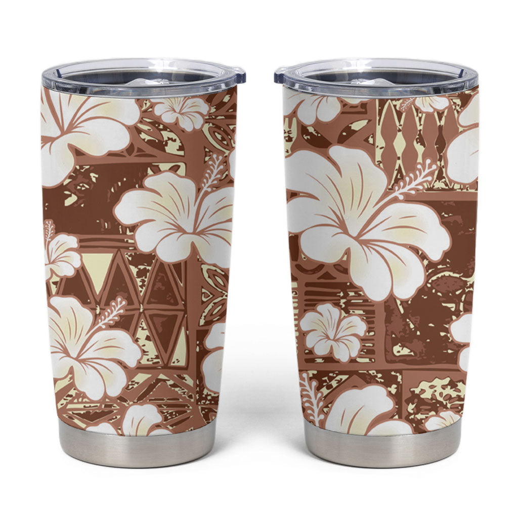 Brown Bula Fiji Masi Hibiscus Seamless Tumbler Cup LT14 Brown - Polynesian Pride