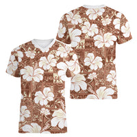 Brown Bula Fiji Masi Hibiscus Seamless Women V-Neck T-Shirt LT14 - Polynesian Pride