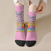 Rainbow Ngaru Taniko With Aotearoa Maori Tattoo Crew Socks LT14 Crew Socks Pink - Polynesian Pride
