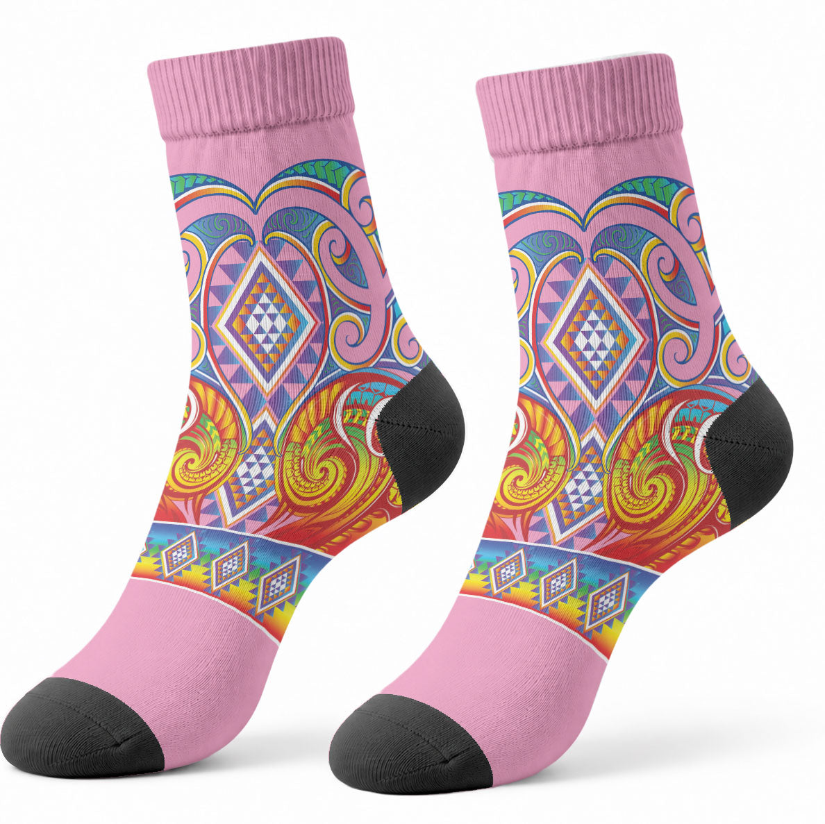 Rainbow Ngaru Taniko With Aotearoa Maori Tattoo Crew Socks LT14 - Polynesian Pride