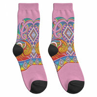 Rainbow Ngaru Taniko With Aotearoa Maori Tattoo Crew Socks LT14 - Polynesian Pride