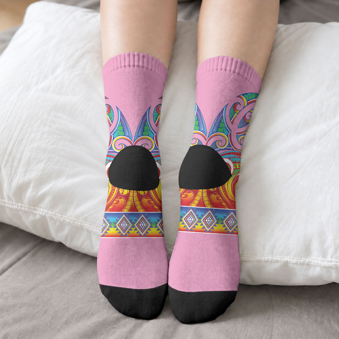 Rainbow Ngaru Taniko With Aotearoa Maori Tattoo Crew Socks LT14 - Polynesian Pride