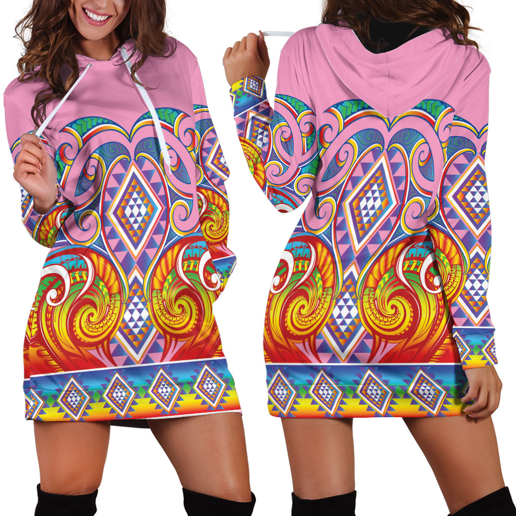 Rainbow Ngaru Taniko With Aotearoa Maori Tattoo Hoodie Dress LT14 - Polynesian Pride