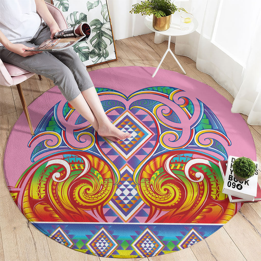 Rainbow Ngaru Taniko With Aotearoa Maori Tattoo Round Carpet