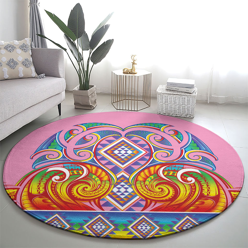 Rainbow Ngaru Taniko With Aotearoa Maori Tattoo Round Carpet