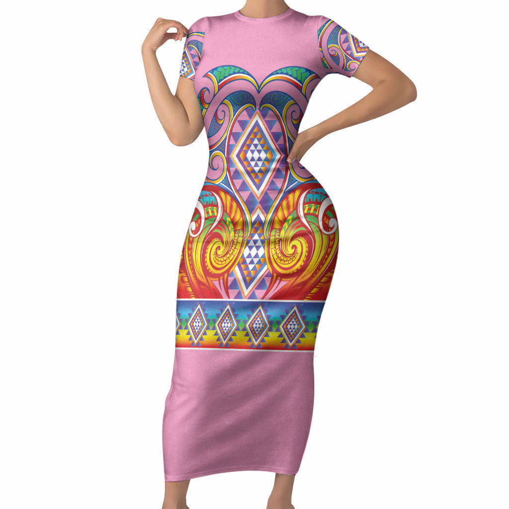 Rainbow Ngaru Taniko With Aotearoa Maori Tattoo Short Sleeve Bodycon Dress LT14 Long Dress Pink - Polynesian Pride