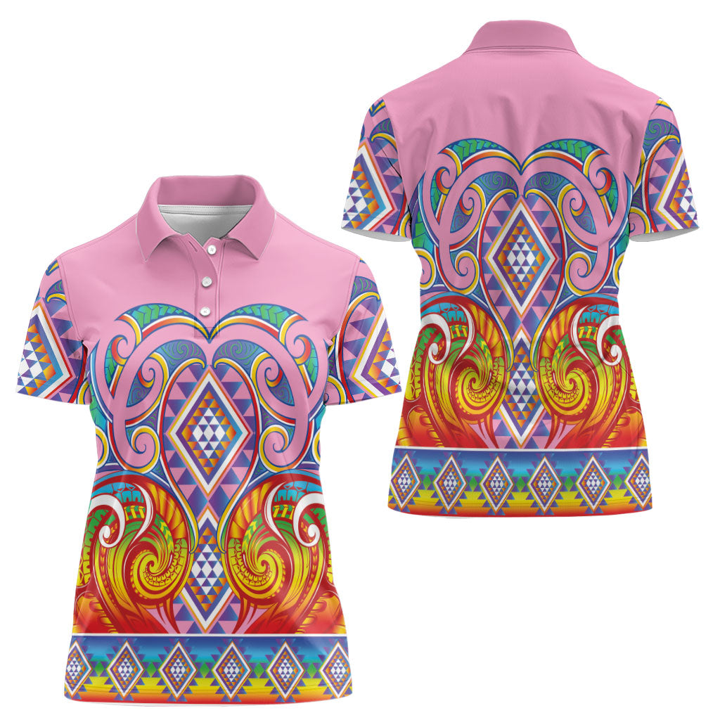 Rainbow Ngaru Taniko With Aotearoa Maori Tattoo Women Polo Shirt LT14 - Polynesian Pride