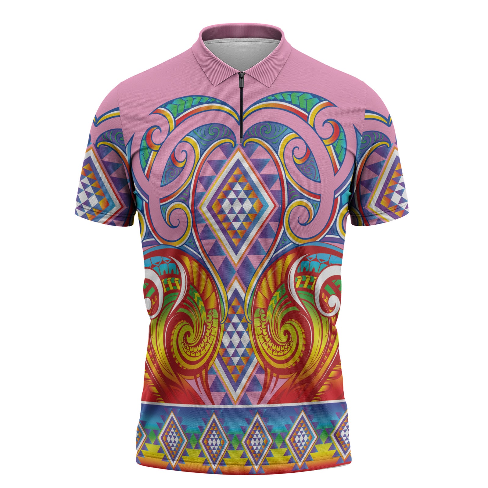 Rainbow Ngaru Taniko With Aotearoa Maori Tattoo Zipper Polo Shirt