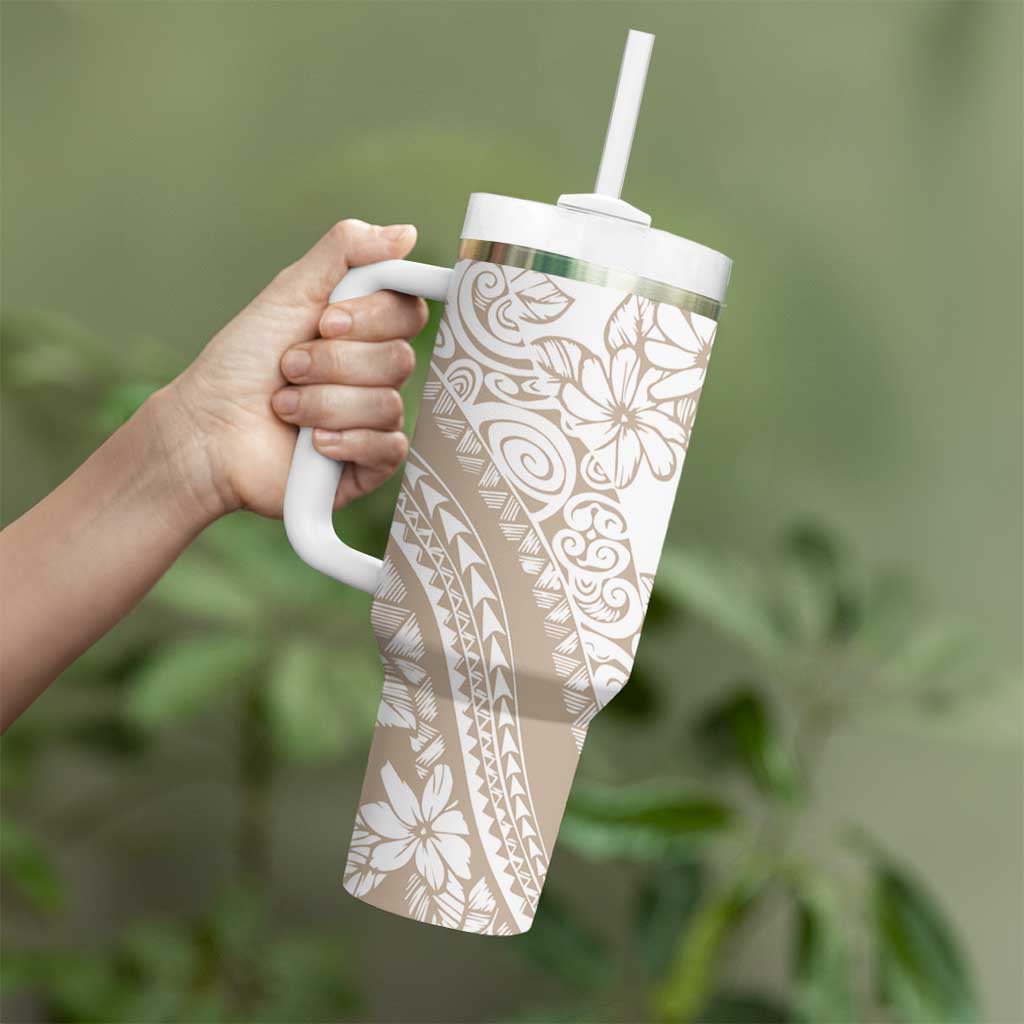 Polynesia Tumbler With Handle Polynesian Tropical Flowers Begie Pastel Vibes LT14 - Polynesian Pride
