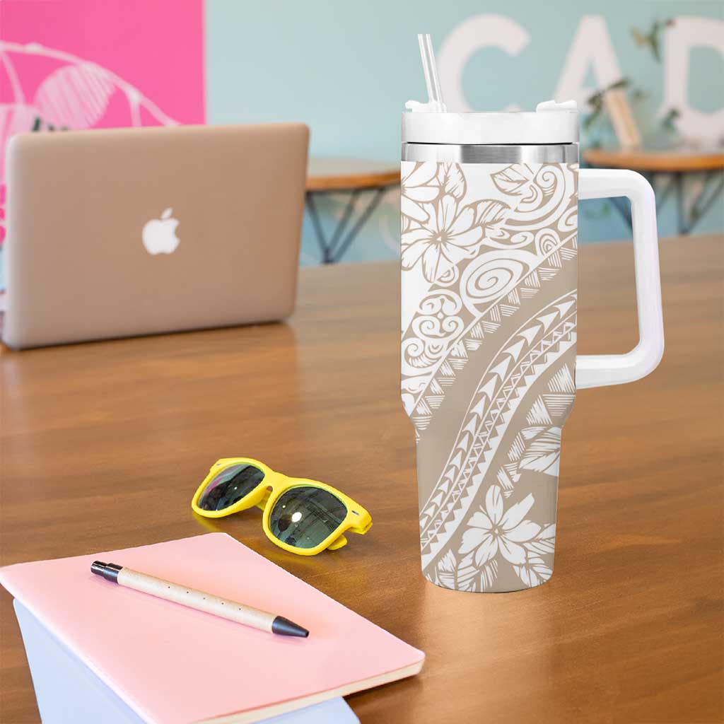 Polynesia Tumbler With Handle Polynesian Tropical Flowers Begie Pastel Vibes LT14 - Polynesian Pride