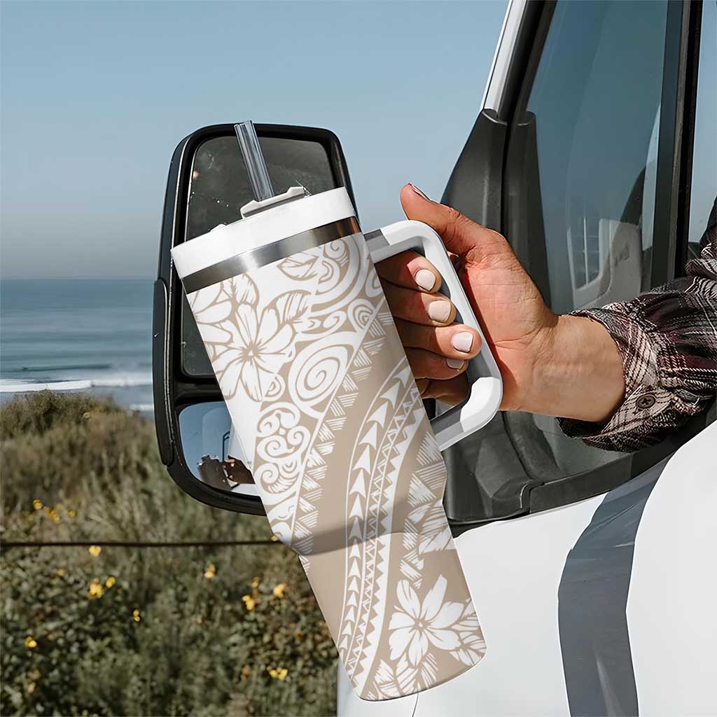Polynesia Tumbler With Handle Polynesian Tropical Flowers Begie Pastel Vibes LT14 - Polynesian Pride