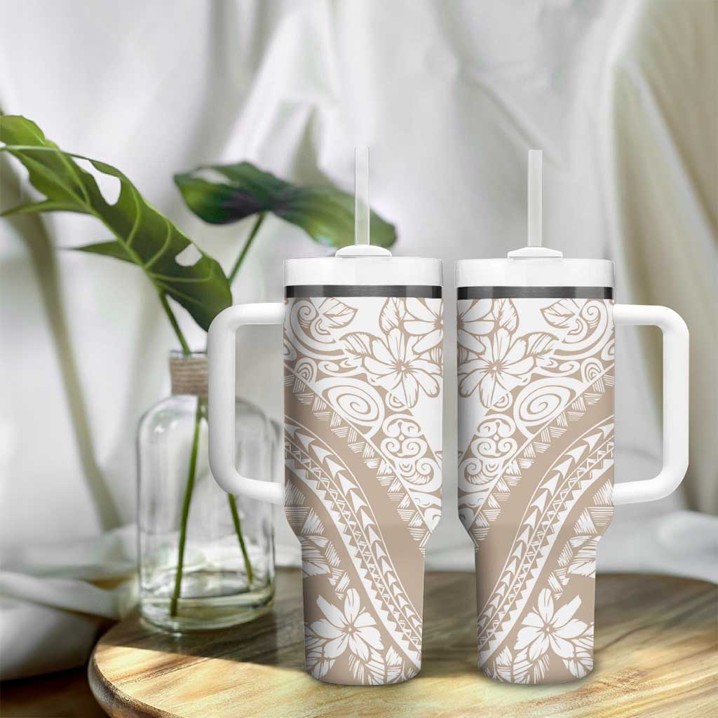 Polynesia Tumbler With Handle Polynesian Tropical Flowers Begie Pastel Vibes LT14 - Polynesian Pride