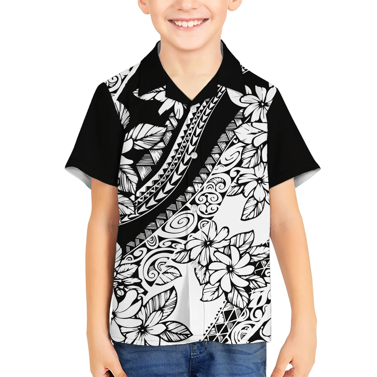 Polynesia Kid Hawaiian Shirt Polynesian Tropical Flowers Black Pastel Vibes LT14 Kid Black - Polynesian Pride